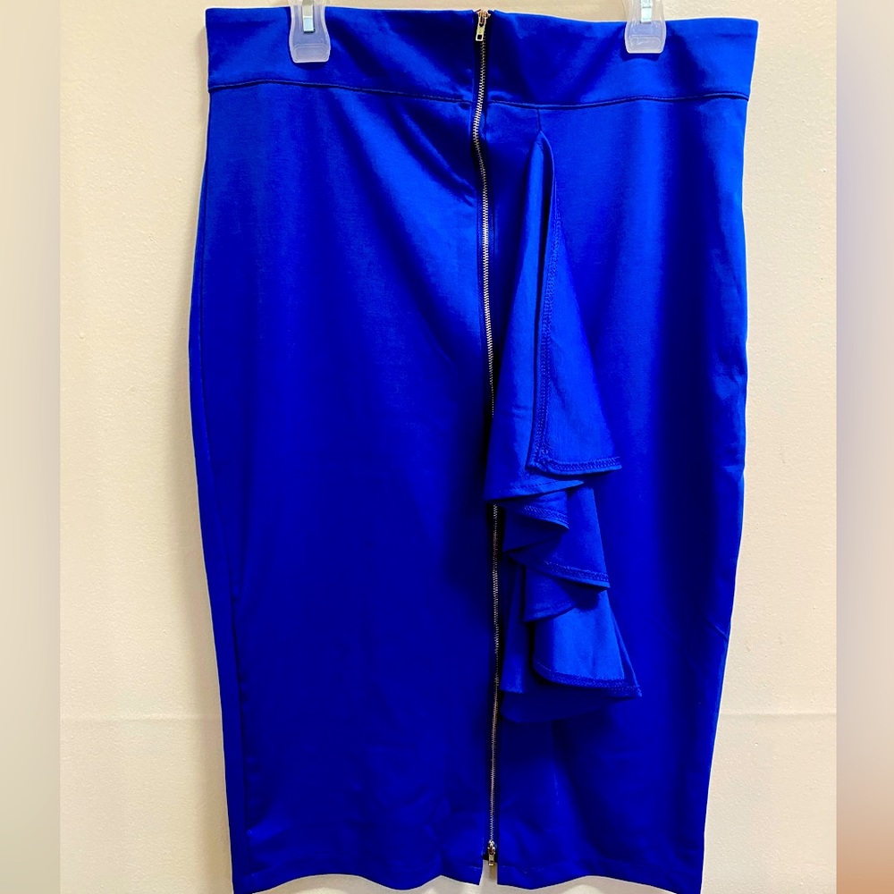 Fitted Blue Bandage Skirt with a zipper in the front and ruffles on the side
